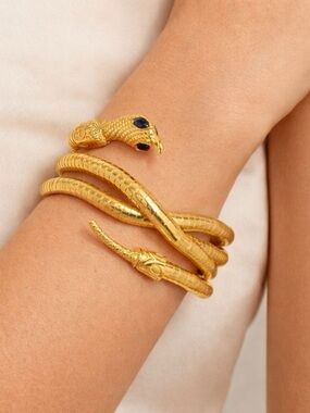 Hand Crafted Gold Snake Coil Bracelet with Black Eye Accents